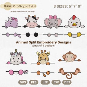May include: A digital embroidery file pack by CraftopiaByLH featuring six split animal designs including a dinosaur, cow, elephant, chicken, unicorn, giraffe, and monkey. The designs are available in 5, 7, and 9 inch sizes and compatible with VP3, PES, JEF, EXP, and DST formats.