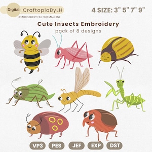 Cute Insects Embroidery Designs, Cute Bugs Embroidery Bundle, Little Love Bugs Embroidery Machine File, Garden Creatures Pes File, 4 Sizes
