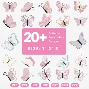 May include: A selection of over 20 butterfly embroidery designs in shades of pink, white, and yellow. The designs are available in sizes 2.5 cm, 5 cm, and 7.6 cm. The image also displays the file types: VP3, PES, JEF, EXP, DST, HUS, and XXX.