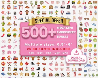 Pacote Mega com mais de 500 Mini Ícones, Arquivos de Bordado à Máquina - Download Imediato