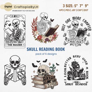 Paquete de bordado a máquina de esqueletos de lectura, archivos de bordado del Tarot del Lector, diseños de bordado para amantes de los libros, descarga instantánea