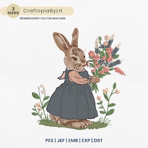 Flower Easter Sublimation Designs, Easter Bunny Embroidery Design, Bunny with Wildflower – Vintage Digital Embroidery, Instant Download