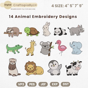 Safari Animals Embroidery Designs, Zoo Animal Machine Embroidery, Baby Girl Embroidery, Forest Animal, Farm Animal, 4 Size, Instant Download