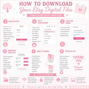 Pode incluir: Uma infografia instrutiva em rosa e branco intitulada HOW TO DOWNLOAD Your Etsy Digital Files. Descreve seis passos numerados para aceder a compras digitais, incluindo iniciar sess&atilde;o, localizar encomendas e descarregar ficheiros.