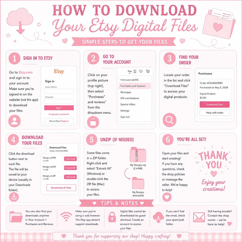 Pode incluir: Uma infografia instrutiva em rosa e branco intitulada HOW TO DOWNLOAD Your Etsy Digital Files. Descreve seis passos numerados para aceder a compras digitais, incluindo iniciar sess&atilde;o, localizar encomendas e descarregar ficheiros.