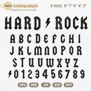 Könnte beinhalten: Schwarzer "Hard Rock"-Schriftsatz mit Buchstaben, Zahlen und einem Blitzsymbol. Enthält 5 Größen: 23 cm, 18 cm, 13 cm, 10 cm und 5 cm. Der Text "CraftopiaByLH" und Dateityp-Abkürzungen sind ebenfalls vorhanden.