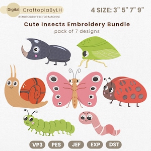 Cute Insects Embroidery Designs, Cute Bugs Embroidery Bundle, Little Love Bugs Embroidery Machine File, Garden Creatures Pes File, 4 Sizes