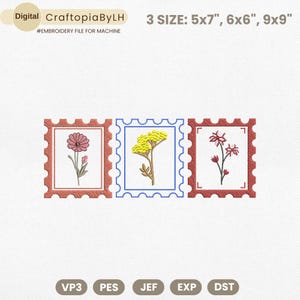 Diseño de bordado de sellos florales, diseño de bordado de sellos postales, diseño de bordado de flores silvestres, bordado de flores boho, descarga instantánea