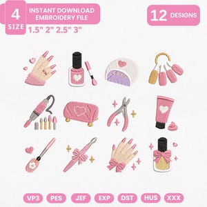 Stickmuster-Bundle für Nageldesign zum sofortigen Download, Stickdateien für Maniküre-Studios, niedliche Nagelkunst-Symbole, manuelle Digitalisierung