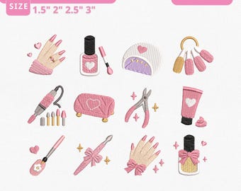 Nail Beauty Embroidery Design Bundle Instant Download, Manicure Salon Machine Embroidery Files, Cute Nail Art Icons, Manual Digitizing