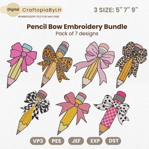 Pencil Bow Embroidery Bundle, Teacher Pencil Embroidery Machine File, Back to School Embroidery File, Pencil Coquette Embroidery Design, pes