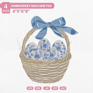 Easter Eggs Chinoiserie Basket Embroidery File, Blue White Toile Basket With Coquette Bow Embroidery Design, Easter Day, Instant Download