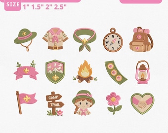 Girl Scout Embroidery Designs Instant Download, Scout Camping Machine Embroidery Files, Cute Scout Icons Bundle, Manual Digitizing