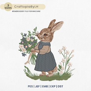 Flower Easter Sublimation Designs, Easter Bunny Embroidery Design, Bunny with Wildflower – Vintage Digital Embroidery, Instant Download
