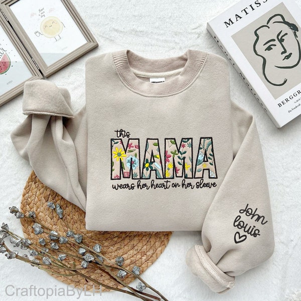 This Mama Wears Her Heart On Her Sleeve Wildflower Pattern, Custom Embroidered Mama Shirt, Embroidered Apparel, Gift For Mother