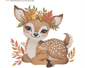 Autumn Fawn Embroidery Design, Baby Deer with Floral Crown Machine File, Woodland Animal File for Machine Embroidery, Instant Download, PES