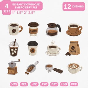 Coffee Lover Mini Embroidery Icons Bundle, Coffee Lover Machine Embroidery Designs, Tiny Cafe Embroidery Files, Instant Download
