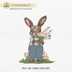 Flower Easter Sublimation Designs, Easter Bunny Embroidery Design, Bunny with Wildflower – Vintage Digital Embroidery, Instant Download
