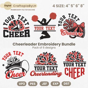 May include: A digital embroidery bundle featuring six cheerleader-themed designs. The designs include cheerleading elements like megaphones, pom-poms, and a silhouette of a cheerleader. The text "YOUR TEXT" and "CHEER" are prominent, with size options of 4", 5", 6", and 8".