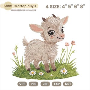 Baby Goat Embroidery Design, Fluffy White Goat with Flowers Embroidery File, Cute Animal File for Machine Embroidery, Instant Download, PES