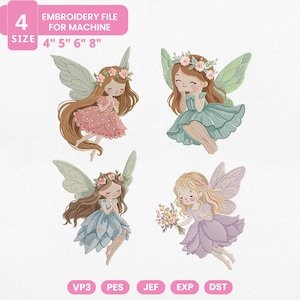Puede incluir: Cuatro diseños de archivos de bordado con hadas de dibujos animados con alas, coronas de flores y vestidos rosas, azules y morados. La imagen incluye texto que indica tamaños de 10 cm, 13 cm, 15 cm y 20 cm, y tipos de archivo VP3, PES, JEF, EXP y DST.