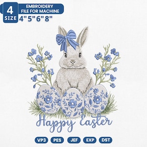 Blue Chinoiserie Easter Bunny Embroidery Design, Happy Easter Day Embroidery File, Floral Toile Rabbit Embroidery File, Instant Download