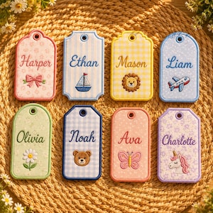 Baby-Gepäckanhänger-Applikationen (8er-Set) | Stickdatei für Namensschilder | Sofort-Download