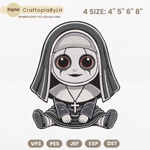Spooky Nun Embroidery Design, Chibi Gothic Character Machine File, Cute Horror Style File for Machine Embroidery, Instant Download, 4 Sizes