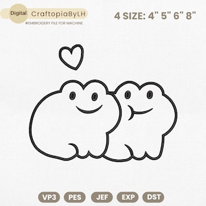 May include: Digital embroidery file featuring two smiling frog-like characters with a heart above them. The design is outlined in black on a white background. Text includes "CraftopiaByLH", "#EMBROIDERY FILE FOR MACHINE", and size options: 4", 5", 6", 8".