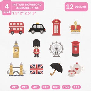 Könnte beinhalten: Ein digitales Stickdateien-Set mit 12 Motiven zum Thema London, darunter ein roter Doppeldeckerbus, ein schwarzes Taxi, eine Telefonzelle, eine Krone, Big Ben, ein Gardist, ein Riesenrad, ein Briefkasten, die Tower Bridge, die Union Jack Flagge, ein Regenschirm und eine Teekanne.