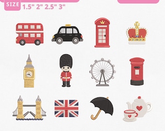 London Mini Icons British Landmarks Instant Download, Cute UK Travel Machine Embroidery Files, Manual Digitizing