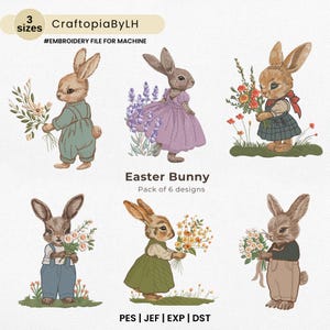 May include: Six embroidery designs featuring Easter bunnies holding flowers. The bunnies are dressed in different outfits, including a blue overall, a green dress, and a purple dress. The designs are available in PES, JEF, EXP, and DST formats.