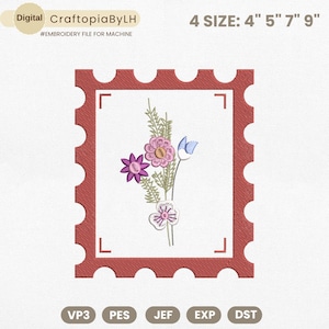 Diseño de bordado de sellos florales, diseño de bordado de sellos postales, diseño de bordado de flores silvestres, bordado de flores boho, descarga instantánea