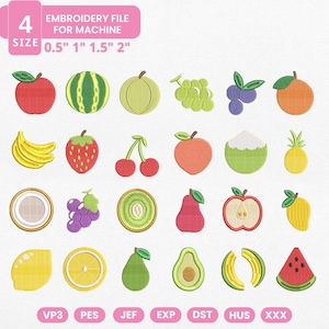 Puede incluir: Un conjunto de archivos de bordado digital con 24 diseños de frutas coloridas que incluyen manzanas, sandía, uvas, naranjas, plátanos, fresas, cerezas, melocotones, coco, piña, kiwi, pera, mango, limón, aguacate y rodajas de lima en tamaños de 0.5, 1, 1.5 y 2 pulgadas.