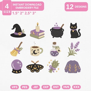 May include: A digital embroidery file set featuring 12 designs including a witch hat, books with a candle, a cauldron, a black cat, a broom, a mug, a potion bottle, lavender, a crystal ball, a moth, a herb bundle, and a cardigan with moon motifs.