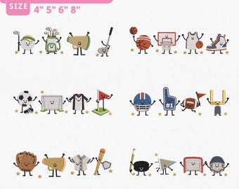 Sports Friends Embroidery Designs Instant Download, Golf Baseball Basketball Football Soccer Machine Embroidery Files, Manual Digitizingc