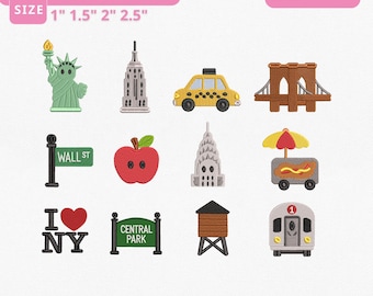New York Mini Icons NYC Embroidery Instant Download, City Landmark Machine Embroidery Files, 12 Mini Designs, Manual Digitizing