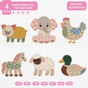 Puede incluir: Un conjunto de archivos de bordado digital con seis animales de granja: cerdo, elefante, pollo, caballo, oveja y pato. Cada animal está decorado con patrones florales, de cuadros y de lunares en tonos suaves. Incluye el texto: 4 SIZE 4-5-6-8.