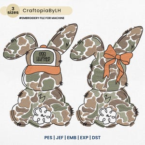 May include: Two embroidered bunny designs with a camouflage pattern in shades of brown, green, and tan. One bunny wears a hat with "Egg Hunter" text. The other has an orange bow. The designs are for machine embroidery.