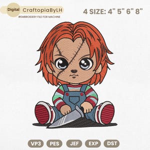 Chibi Doll Embroidery Design, Chibi Halloween Character Machine File, Spooky Cartoon Machine Embroidery File, Instant Download, 4 Sizes, Pes