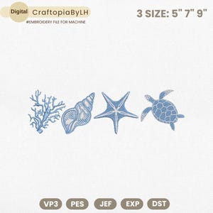 Puede incluir: Archivo de bordado digital con coral, concha, estrella de mar y tortuga marina en azul. Disponible en tres tamaños: 12,7 cm, 17,8 cm y 22,9 cm. El archivo está etiquetado como "CraftopiaByLH" y es para bordado a máquina.