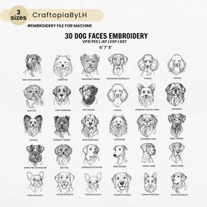 Bündel 30 Stickdatei, Stickdatei für Haustiere in 3 Größen, Minimalistischer Hund Line Art, Hunderasse Maschinenstickerei, Haustierstickerei, Geschenke für Tierliebhaber