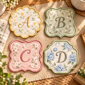 May include: Four fabric coasters with scalloped or decorative edges, each featuring a floral pattern and a large embroidered letter. The top left coaster is white with yellow flowers and the letter A, while the others display letters B, C, and D.