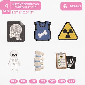Könnte beinhalten: Ein Stickdateien-Set zum sofortigen Download mit 6 Motiven in 4 Größen: 1,5", 2", 2,5" und 3". Die Motive umfassen ein Schädel-Röntgenbild, ein blaues Oberteil mit Knochen, ein gelbes Strahlensymbol, ein Skelett, eine Wirbelsäule und ein Klemmbrett.
