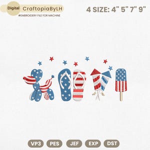 Könnte beinhalten: Digitales Stickmuster mit patriotischen Designs: ein Ballonhund, Flip-Flops, Feuerwerk und ein Eis am Stiel. Die Designs sind rot, weiß und blau, mit Größen von 10 bis 23 cm. Die Datei ist für Maschinenstickerei.
