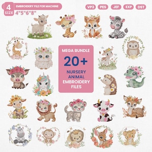 Op de afbeelding: Een verzameling van 20+ borduurbestanden van dieren voor de kinderkamer. De ontwerpen omvatten verschillende dieren zoals een giraf, vos, zebra, uil, varken, eenhoorn, egel en meer, elk versierd met bloemaccenten. De tekst "MEGA BUNDLE" is ook inbegrepen.