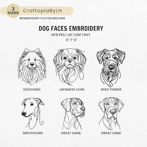 Puede incluir: Una hoja de diseño de bordado digital que presenta seis razas de perros diferentes: Keeshond, Chin japonés, Terrier irlandés, Galgo, Gran Danés y Gran Danés. Los diseños son en blanco y negro y están delineados en un estilo de línea simple. Los diseños están disponibles en tres tamaños: 5 pulgadas, 7 pulgadas y 9 pulgadas. Los formatos de archivo incluidos son VP3, PES, JEF, EXP y DST.