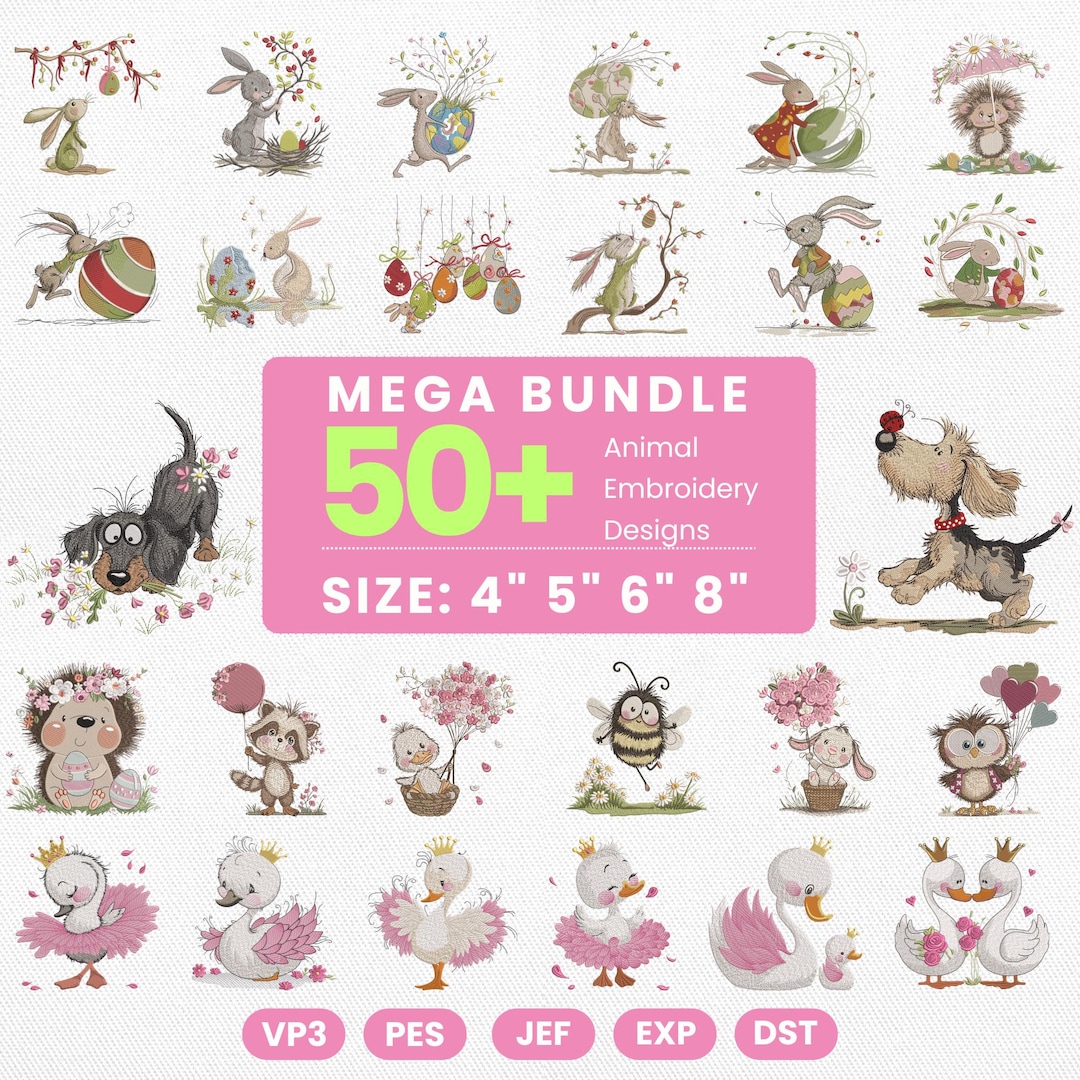 Animal Embroidery Mega Bundle | 50+ Designs 4 Sizes Pes Dst Jef Vp3 ...