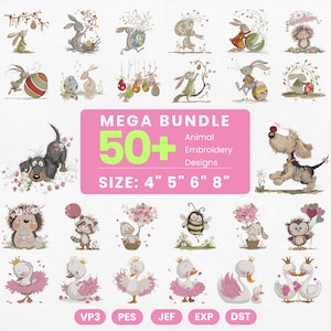 Könnte beinhalten: Eine digitale Sammlung von über 50 Stickmustern mit Tieren wie Hasen, Igeln, Hunden, Waschbären, Bienen und Schwänen in verschiedenen Posen. Ein zentrales rosa Etikett zeigt den Text MEGA BUNDLE 50+ Animal Embroidery Designs SIZE: 4" 5" 6" 8".