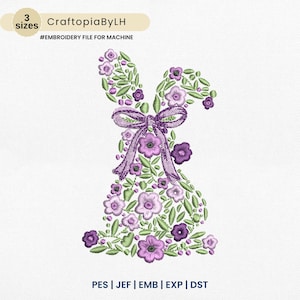 EMBROIDERY Easter Floral Bunny Design, Bunny With Lavender, Wildflower, Vintage Digital Embroidery, Instant Download